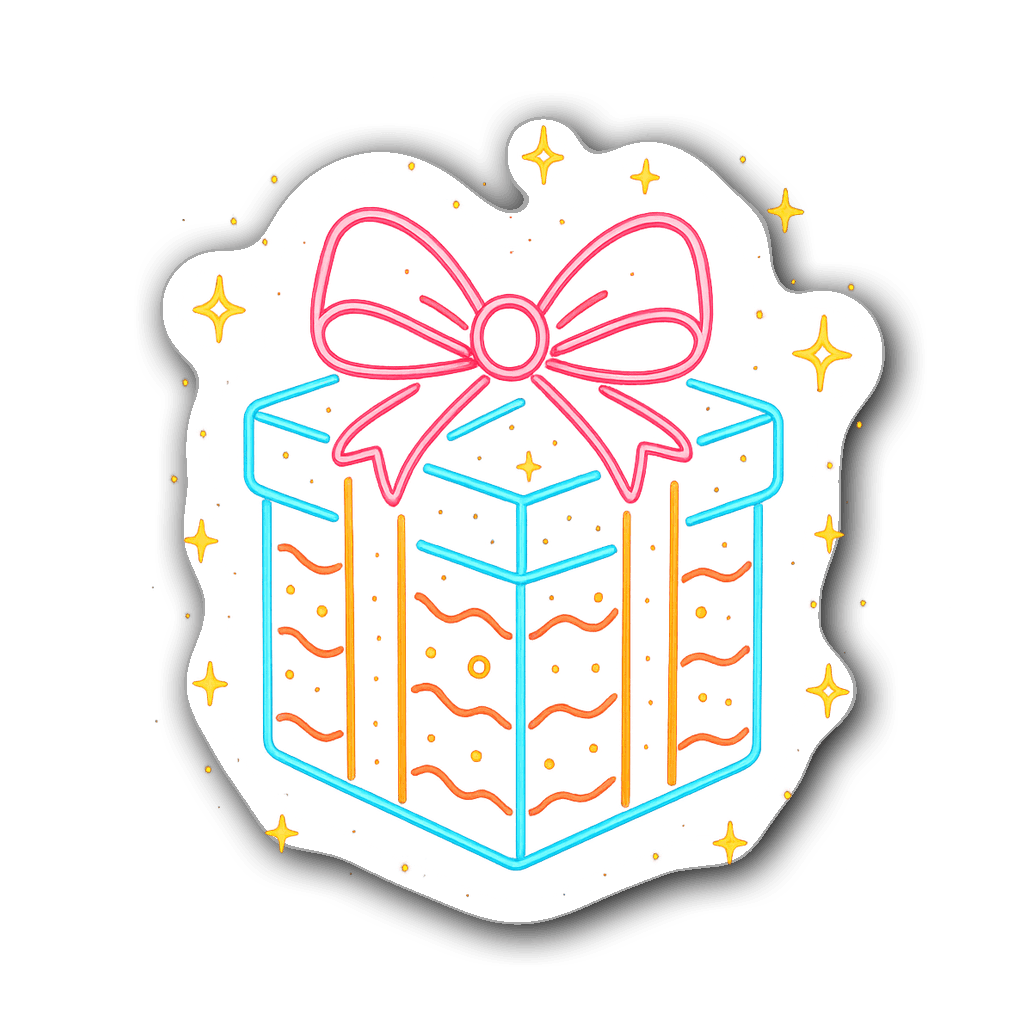 Neon outline of a wrapped present with a bow and lights