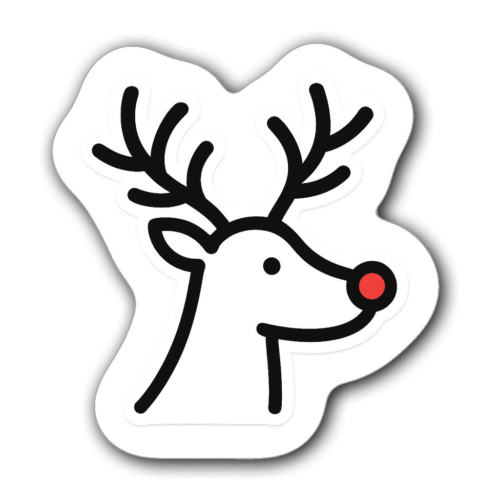 Minimalist outline of a reindeer with a red nose and colored antlers