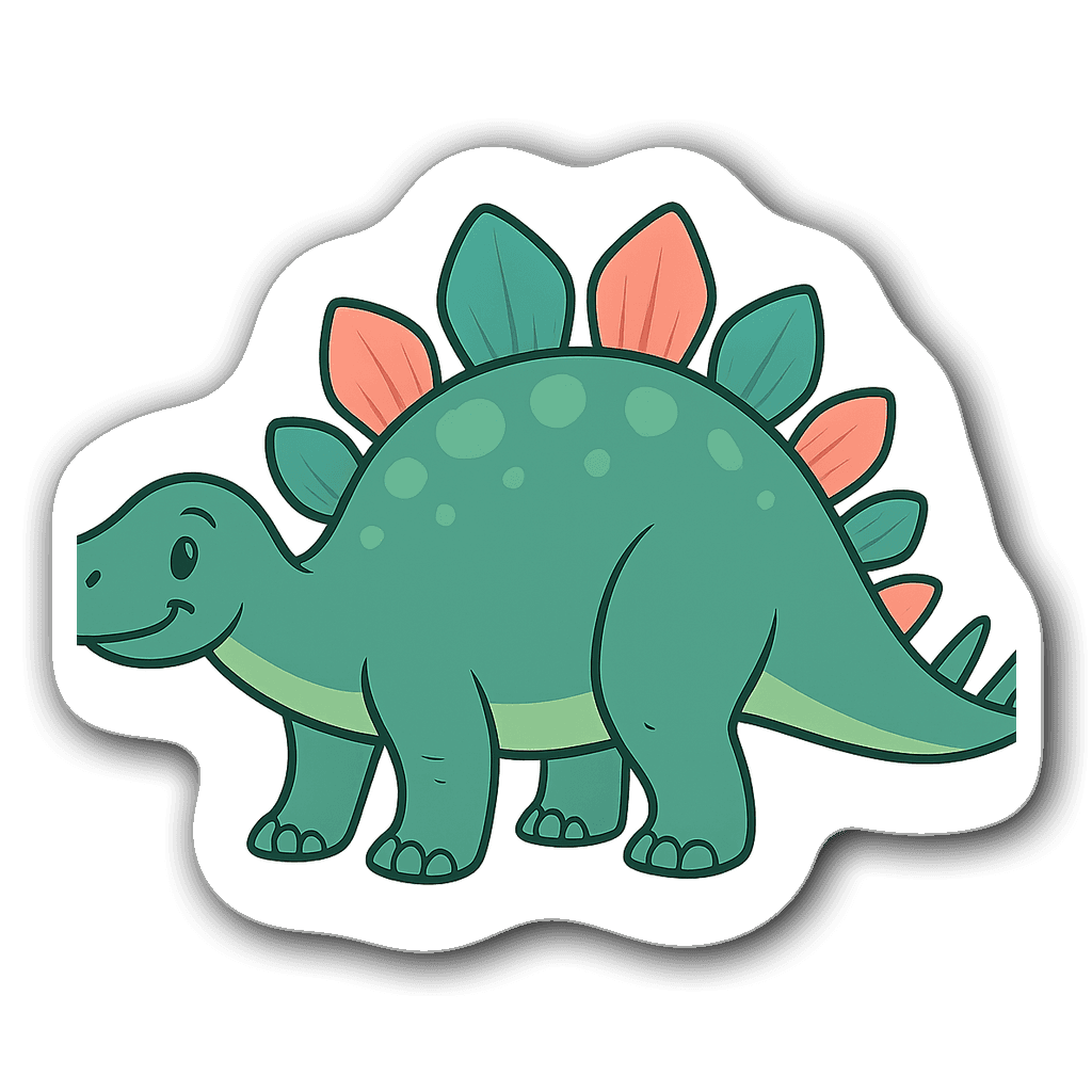Friendly Stegosaurus sticker in teal and pink minimalist design