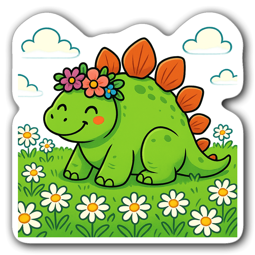 Friendly stegosaurus with a flower crown among cartoon daisies