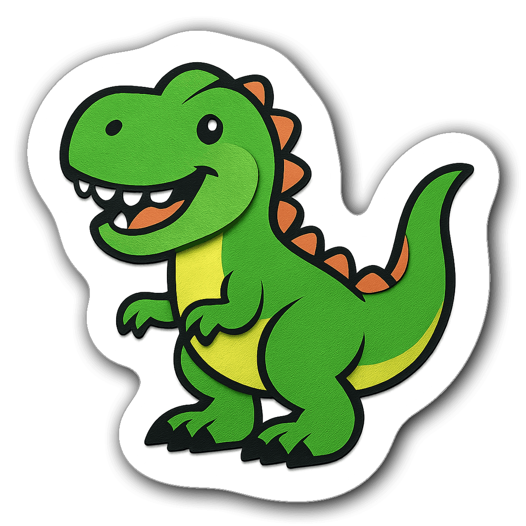 Vibrant T-Rex die-cut sticker with orange spikes and green body