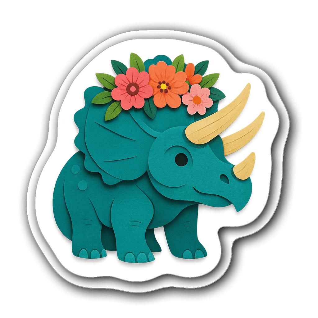 Triceratops sticker with floral crown in teal and pink
