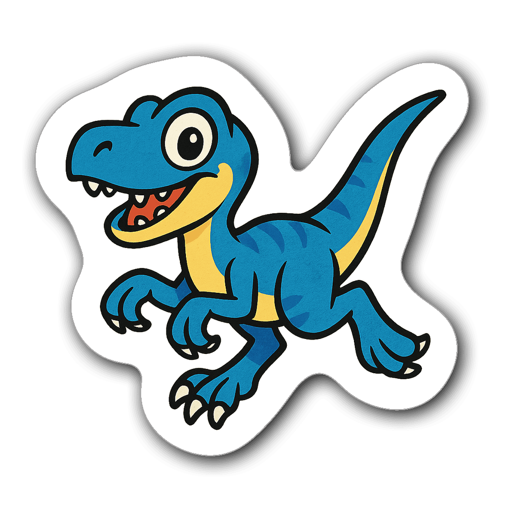 Cute Velociraptor sticker in bright blues and yellows
