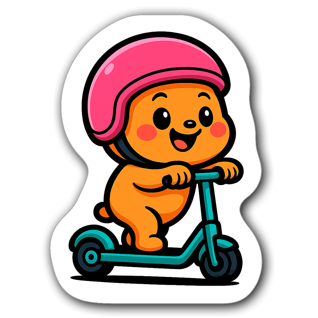 Cute character riding an electric scooter, vibrant colors