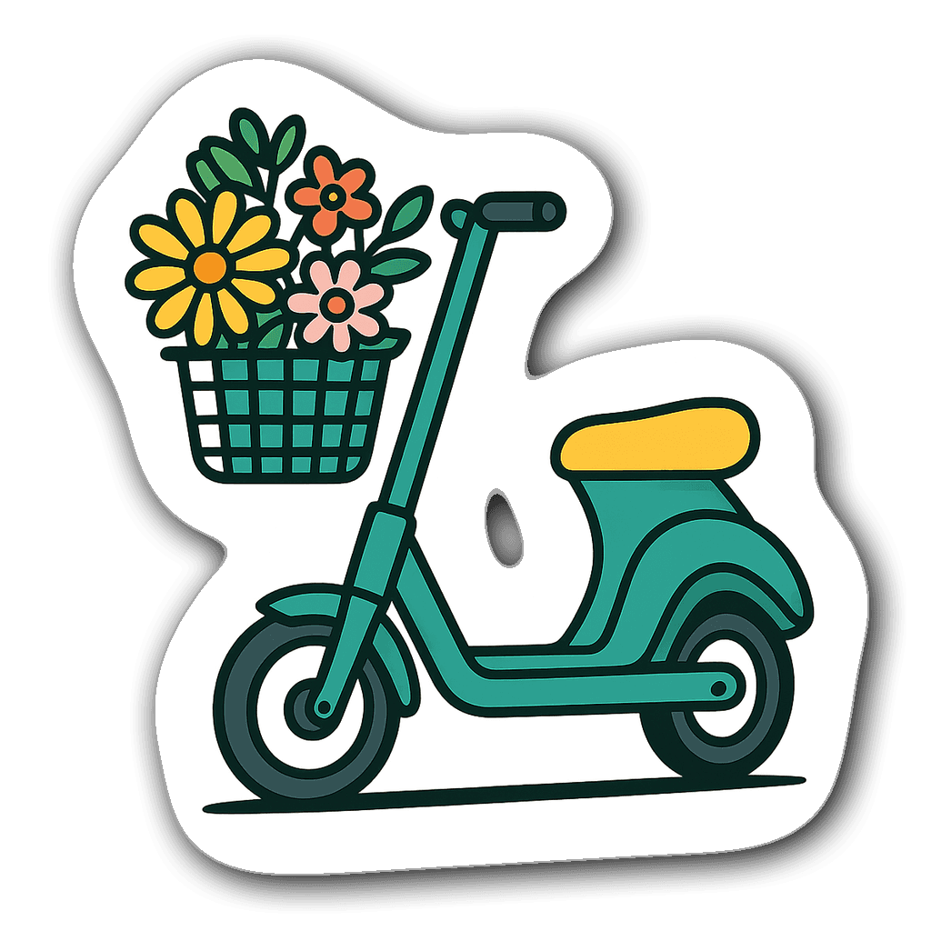 Teal electric scooter with colorful flowers in a basket