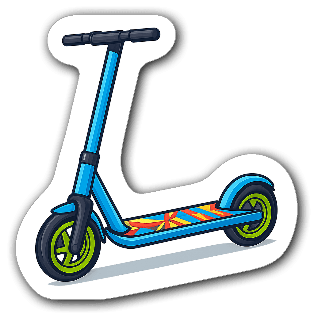 Playful electric scooter sticker with lightning bolts and vibrant colors.