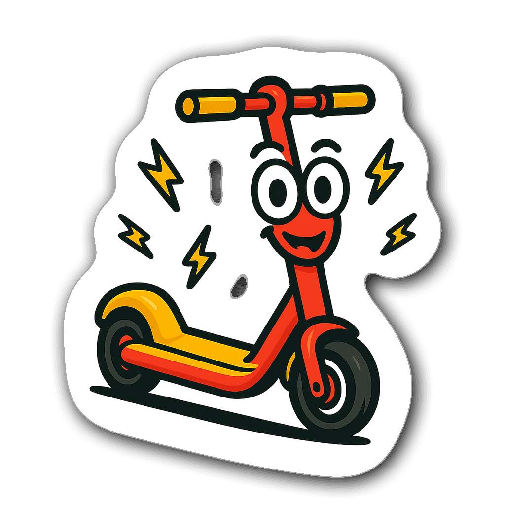Whimsical electric scooter character sticker with smiling headlights