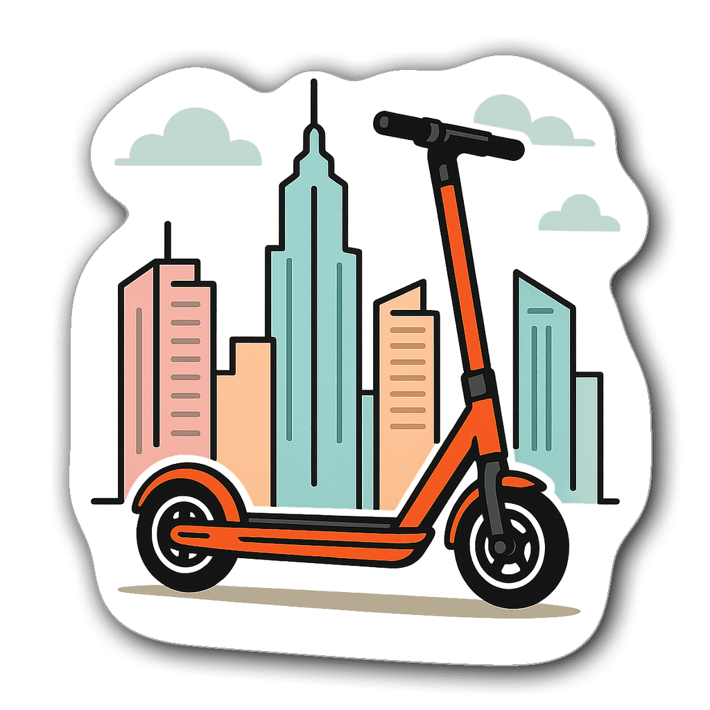 Bright orange electric scooter illustration against a pastel city backdrop