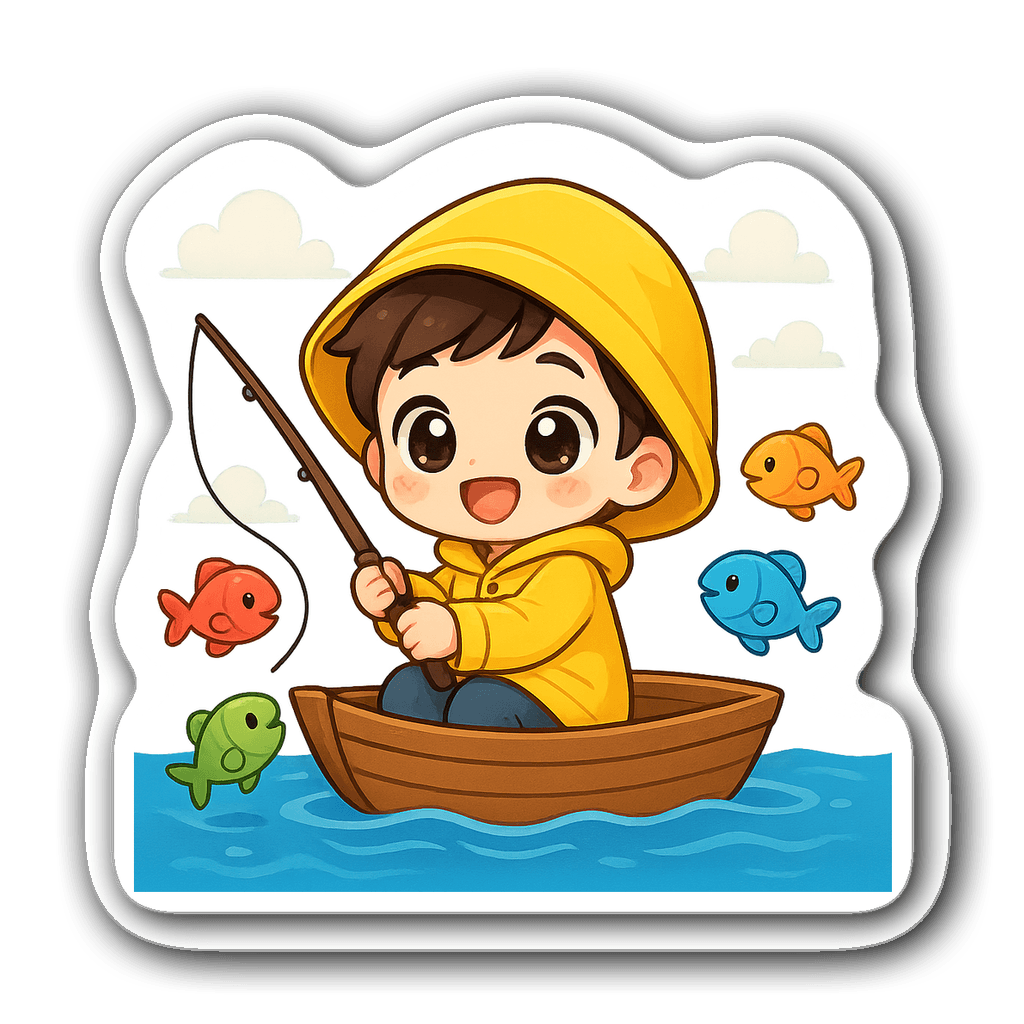 Cute chibi fisherman in yellow raincoat with fish