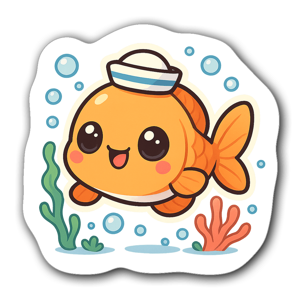 Kawaii chibi fish with big eyes and sailor hat surrounded by bubbles