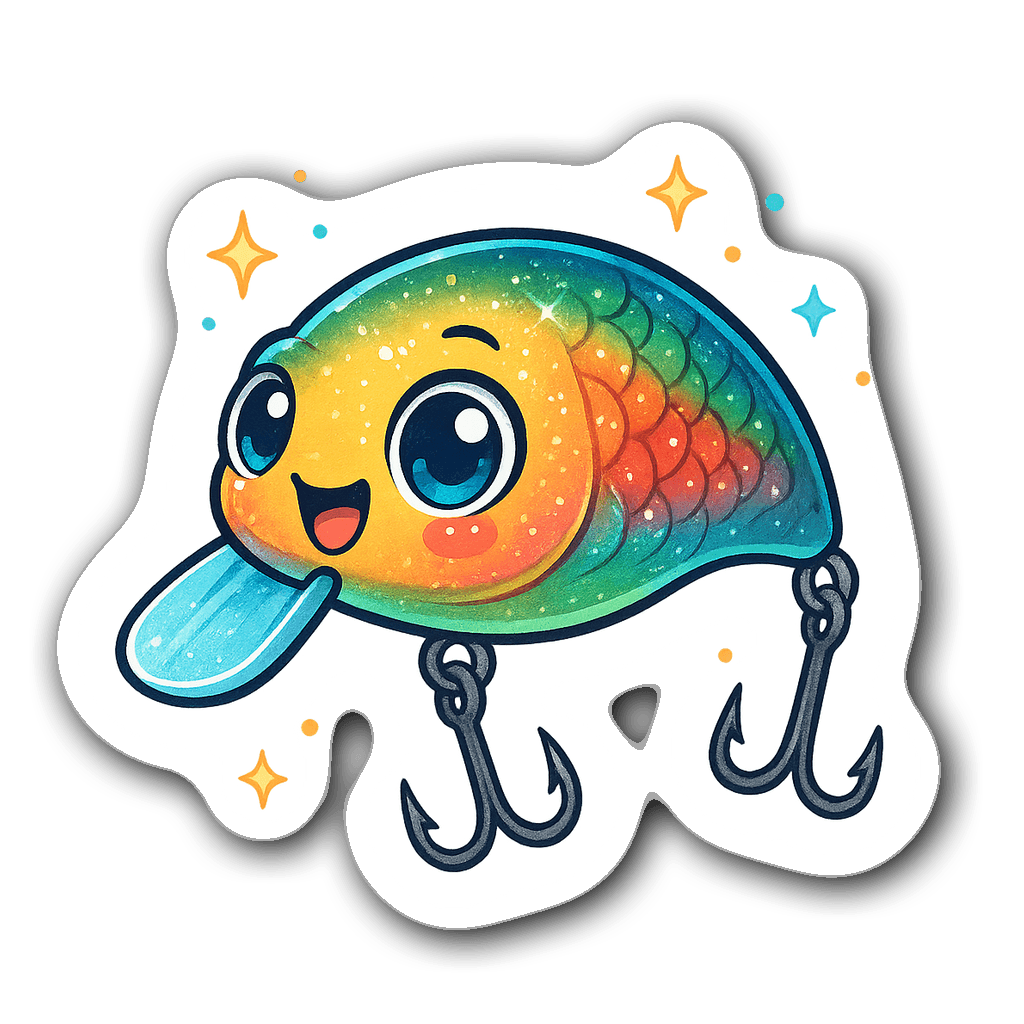Kawaii chibi fishing lure sticker with vibrant colors