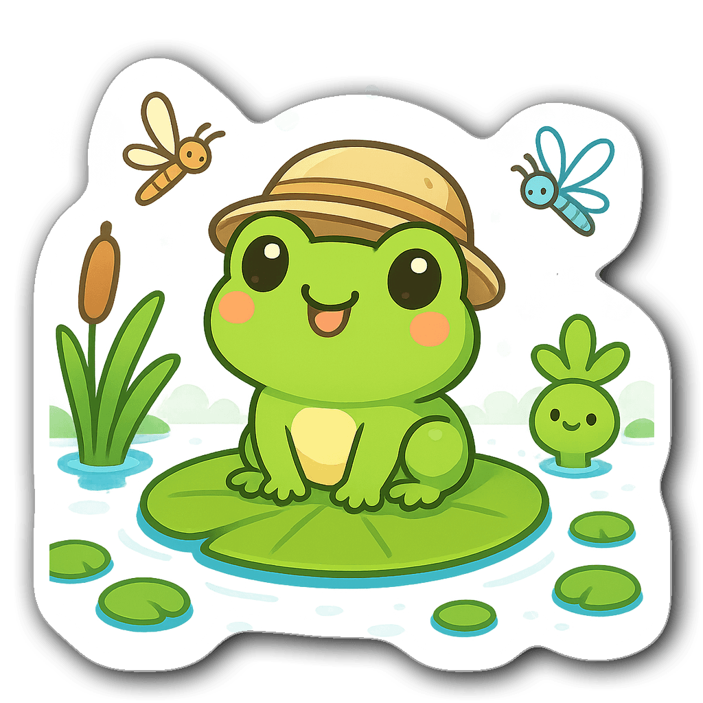 Cute chibi frog fishing on a lily pad surrounded by plants