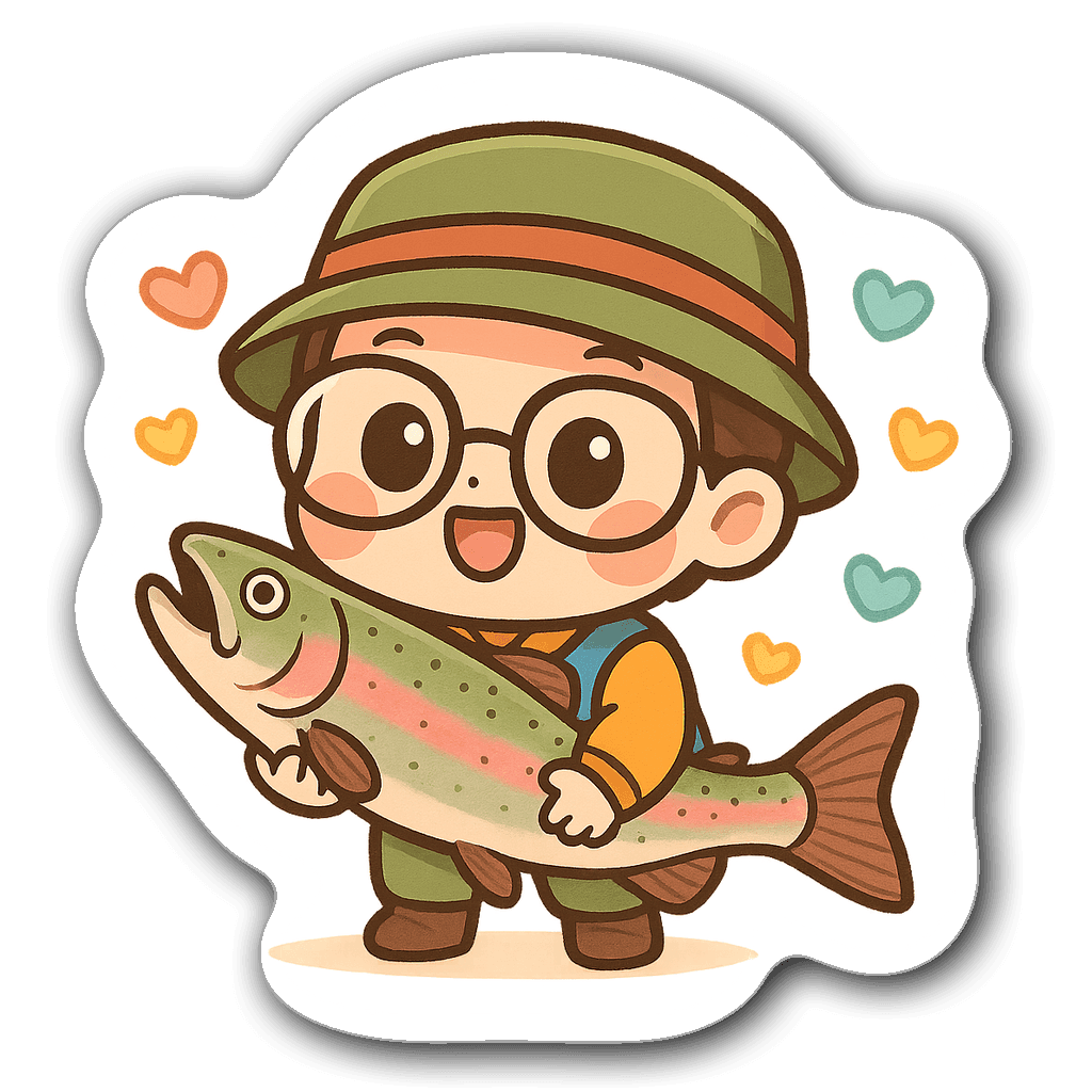 Cute Kawaii Chibi angler with rainbow trout and hearts sticker