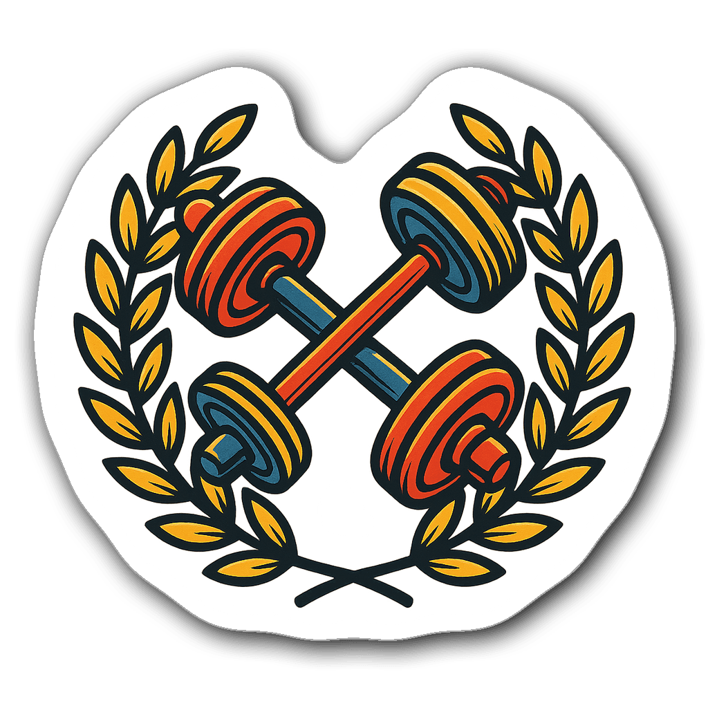 Vintage barbell and dumbbell sticker with laurel leaves design