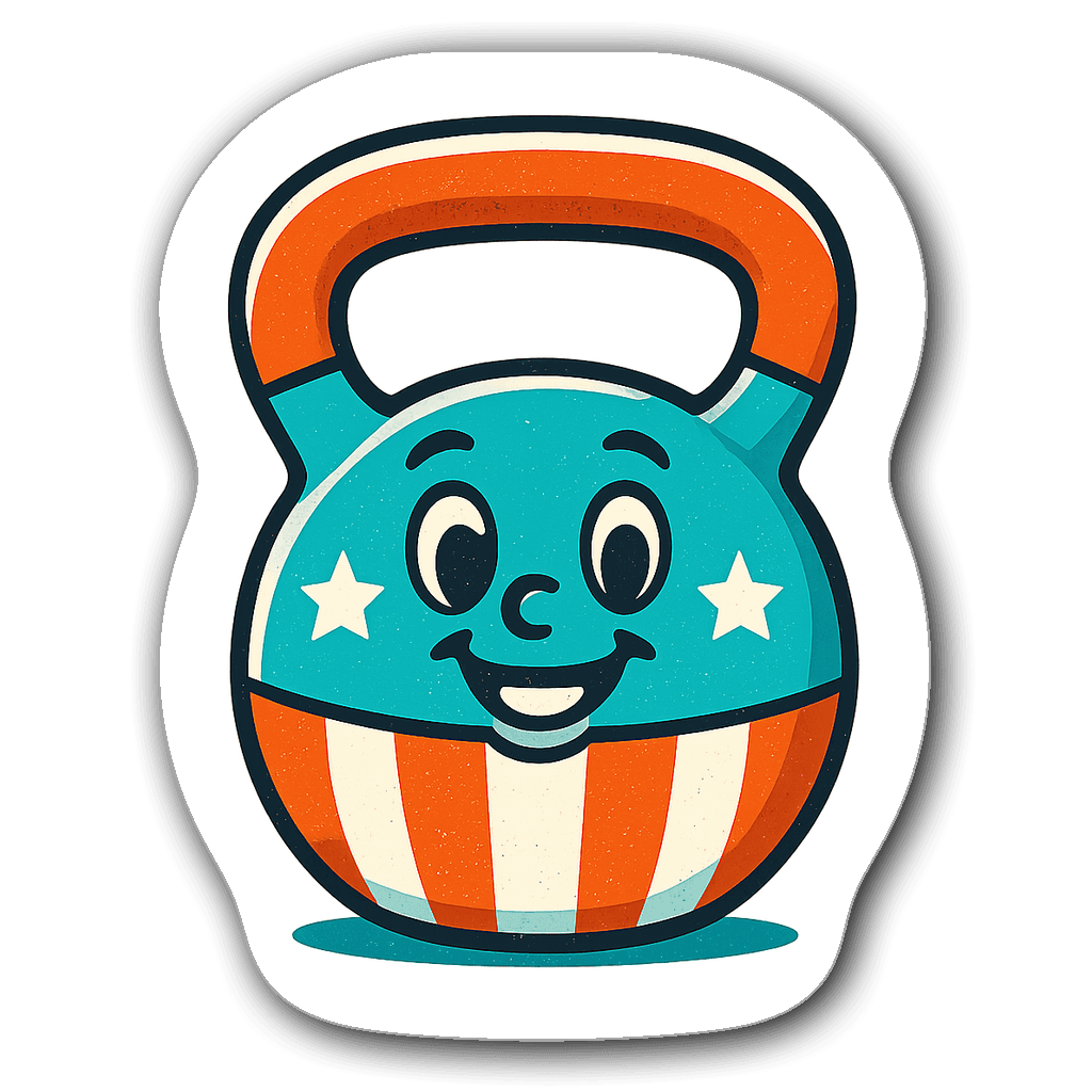 Retro kettlebell sticker with smiling face and stars