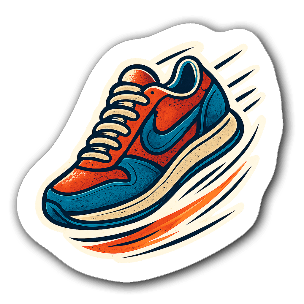Vibrant vintage running shoe die-cut sticker with speed lines