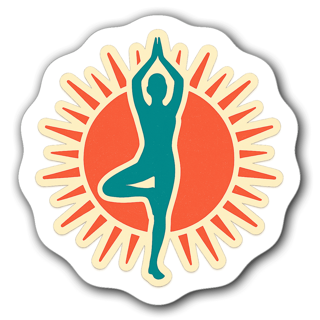 Retro yoga pose sticker in teal and coral colors with sun emblem