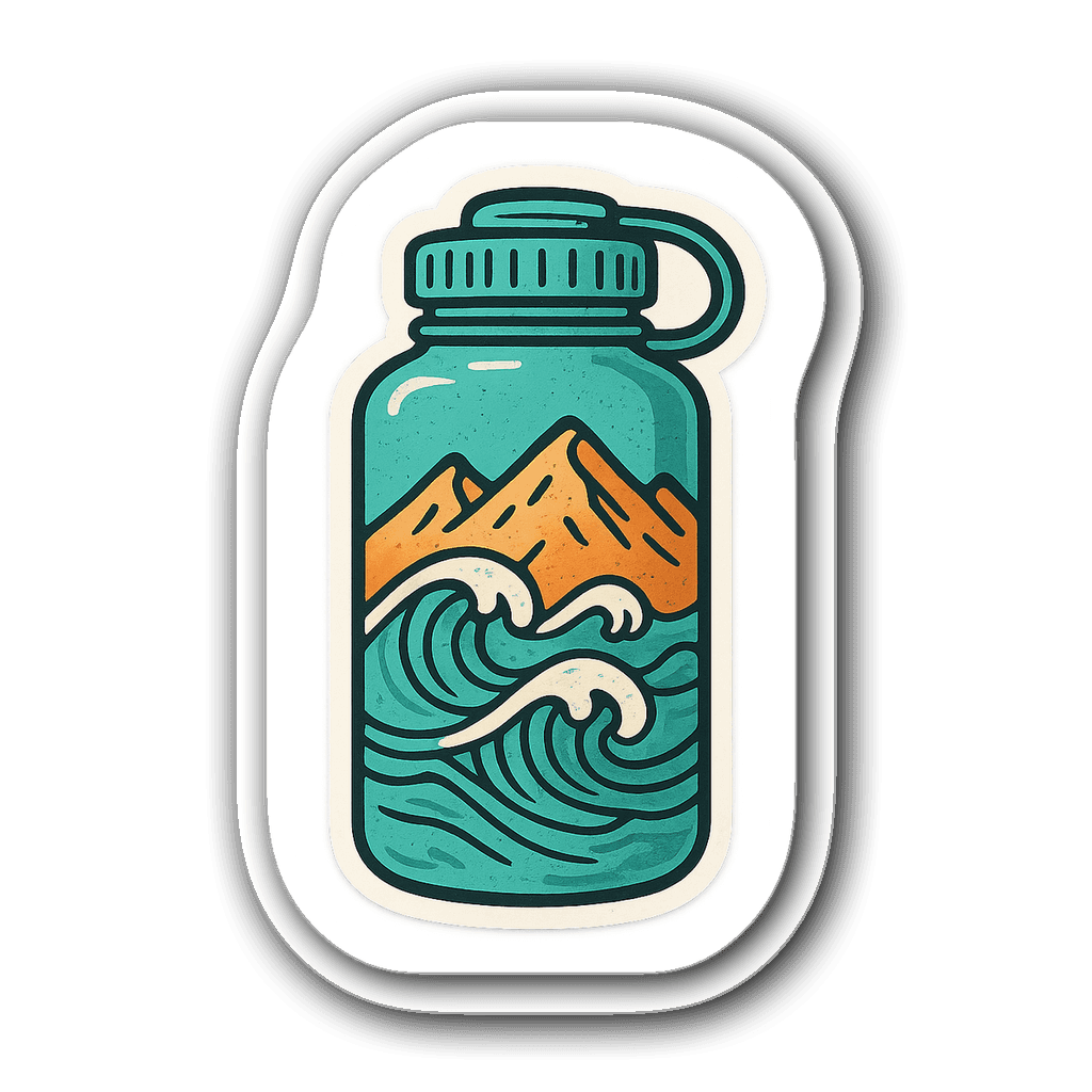 Vintage water bottle with waves and mountains sticker design