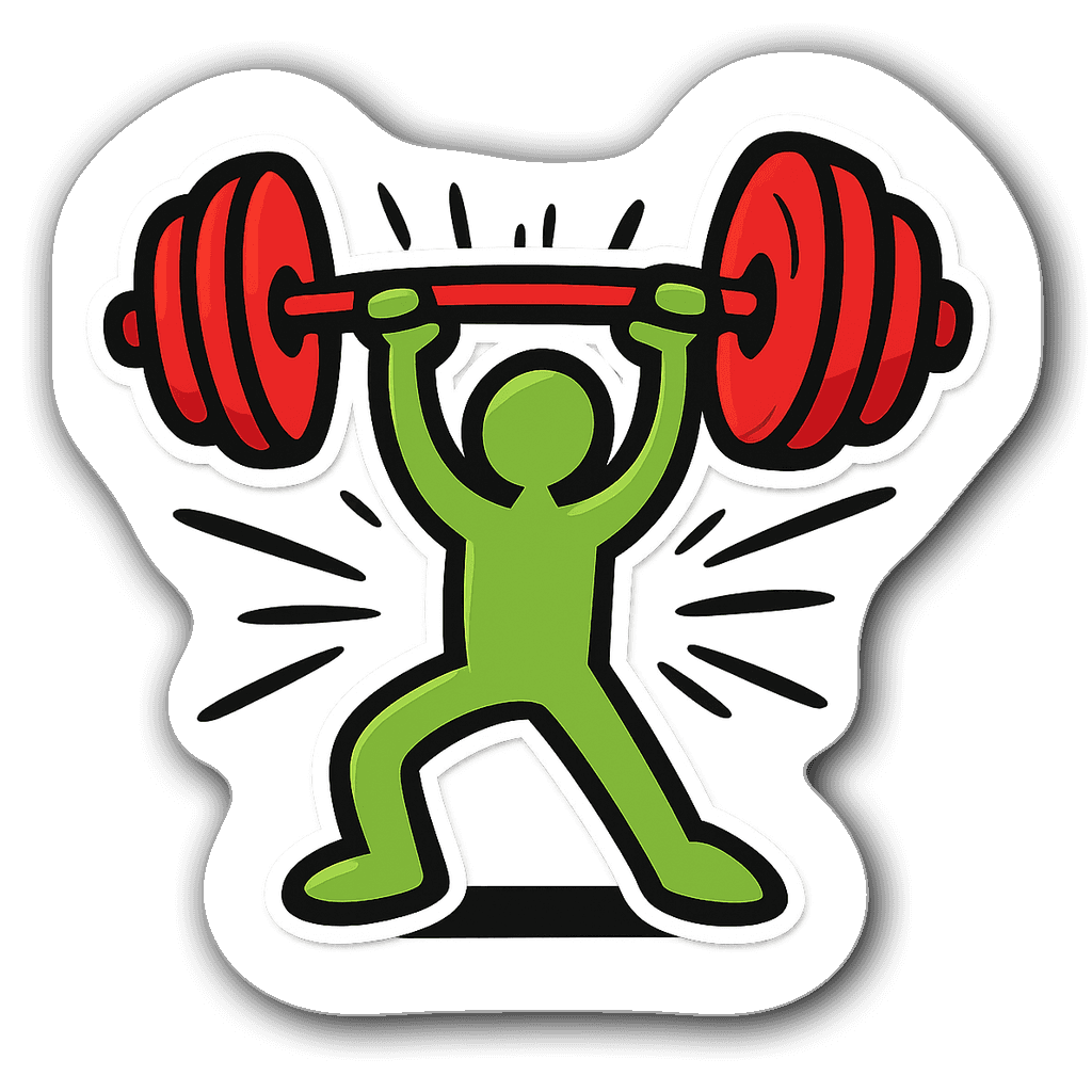 Energetic cartoon figure lifting a red barbell sticker