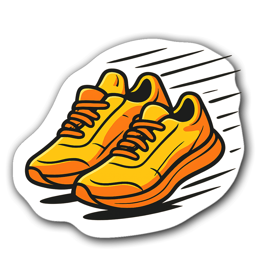 Die-cut sticker of running shoes in yellow and orange with speed lines
