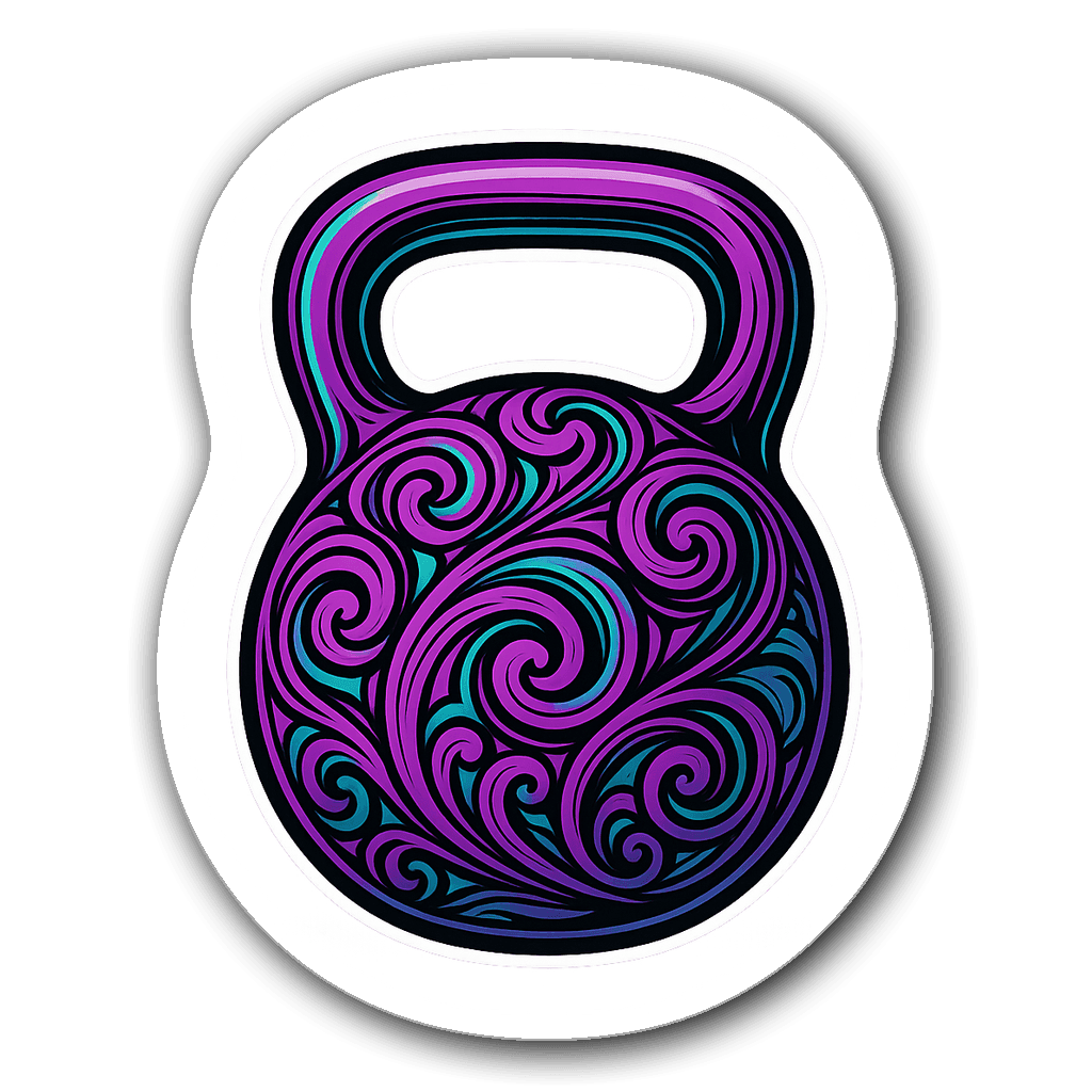 Die-cut sticker of a vibrant kettlebell with purple and teal design