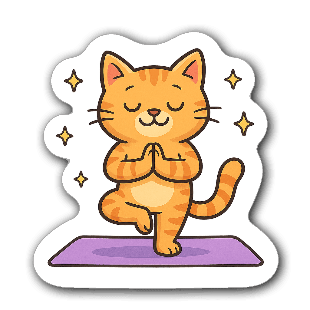 A whimsical cat doing yoga on a mat with colorful background.