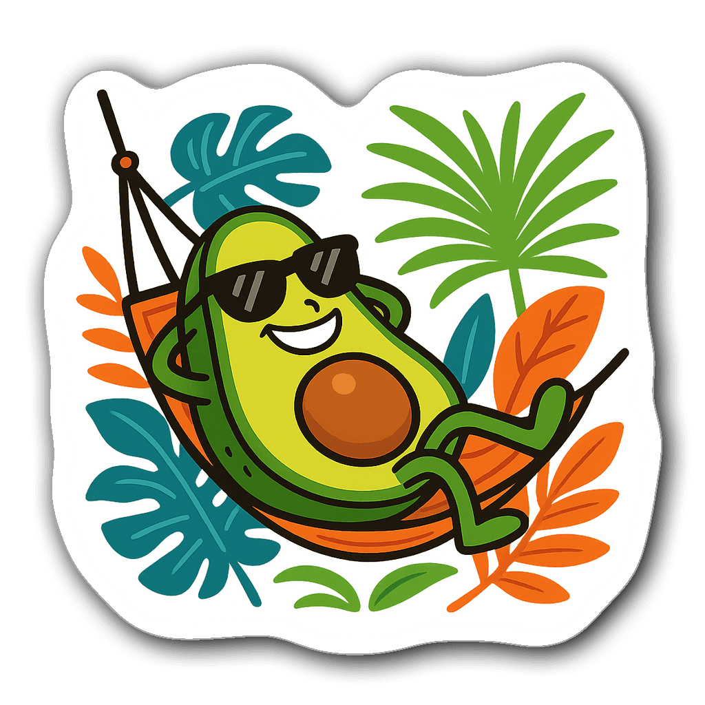 Cartoon avocado with sunglasses lounging in a hammock surrounded by colorful leaves