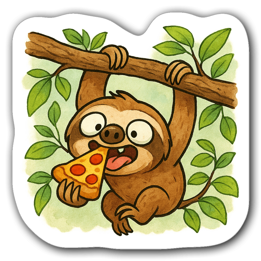 Silly sloth hanging upside down from a tree branch munching pizza