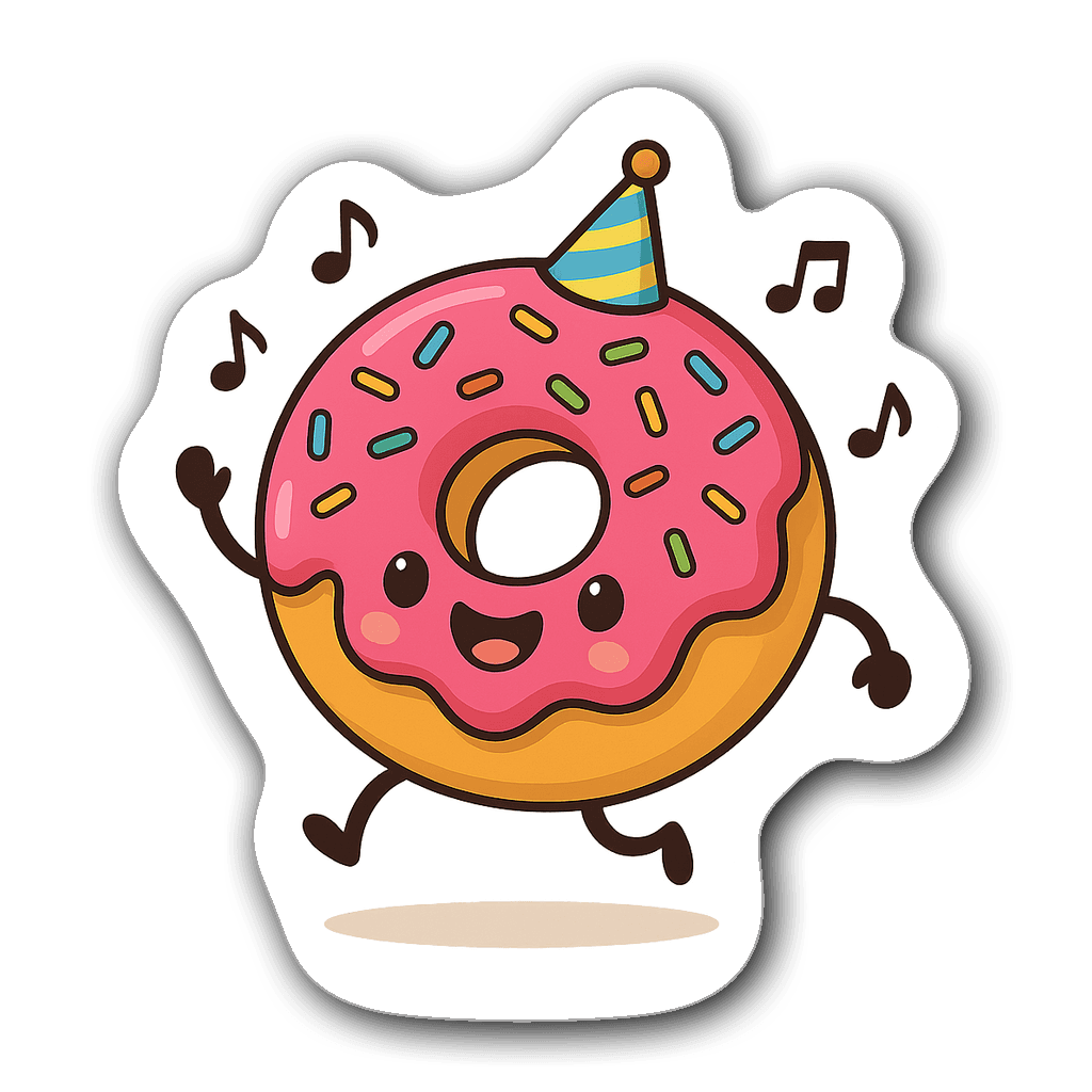 Watercolor illustration of a cheerful dancing donut with sprinkles