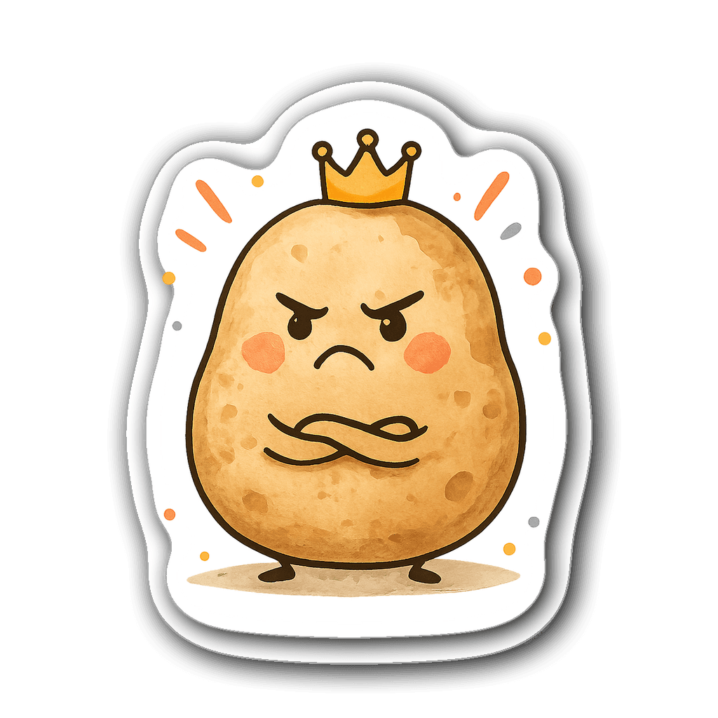 Grumpy potato character with a tiny crown and arms crossed