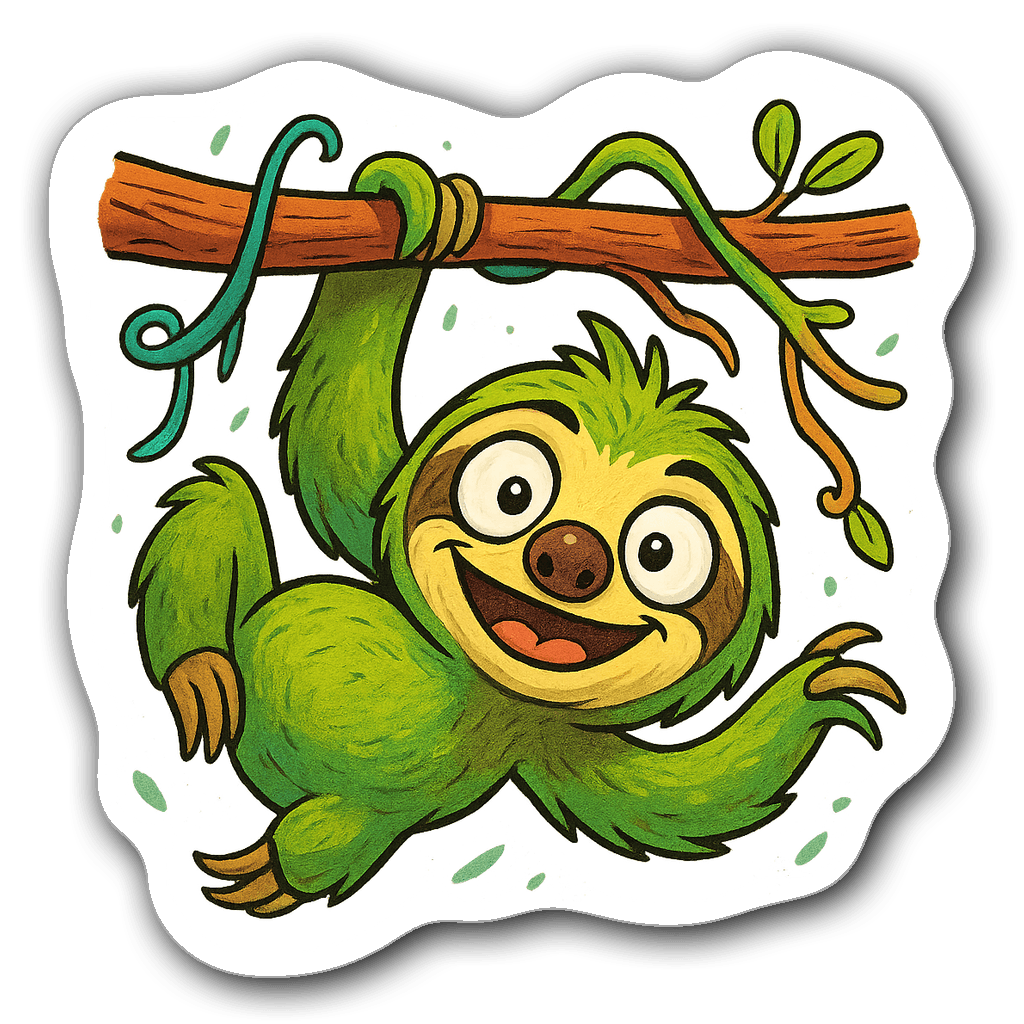 A playful cartoon sloth hanging upside down from a colorful tree branch