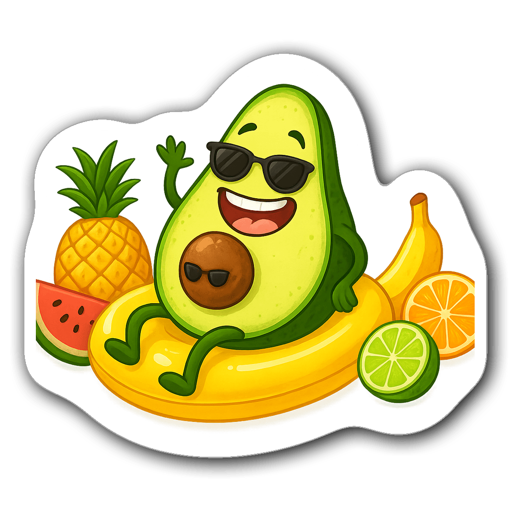 Goofy avocado sticker lounging on a pool float with fruits