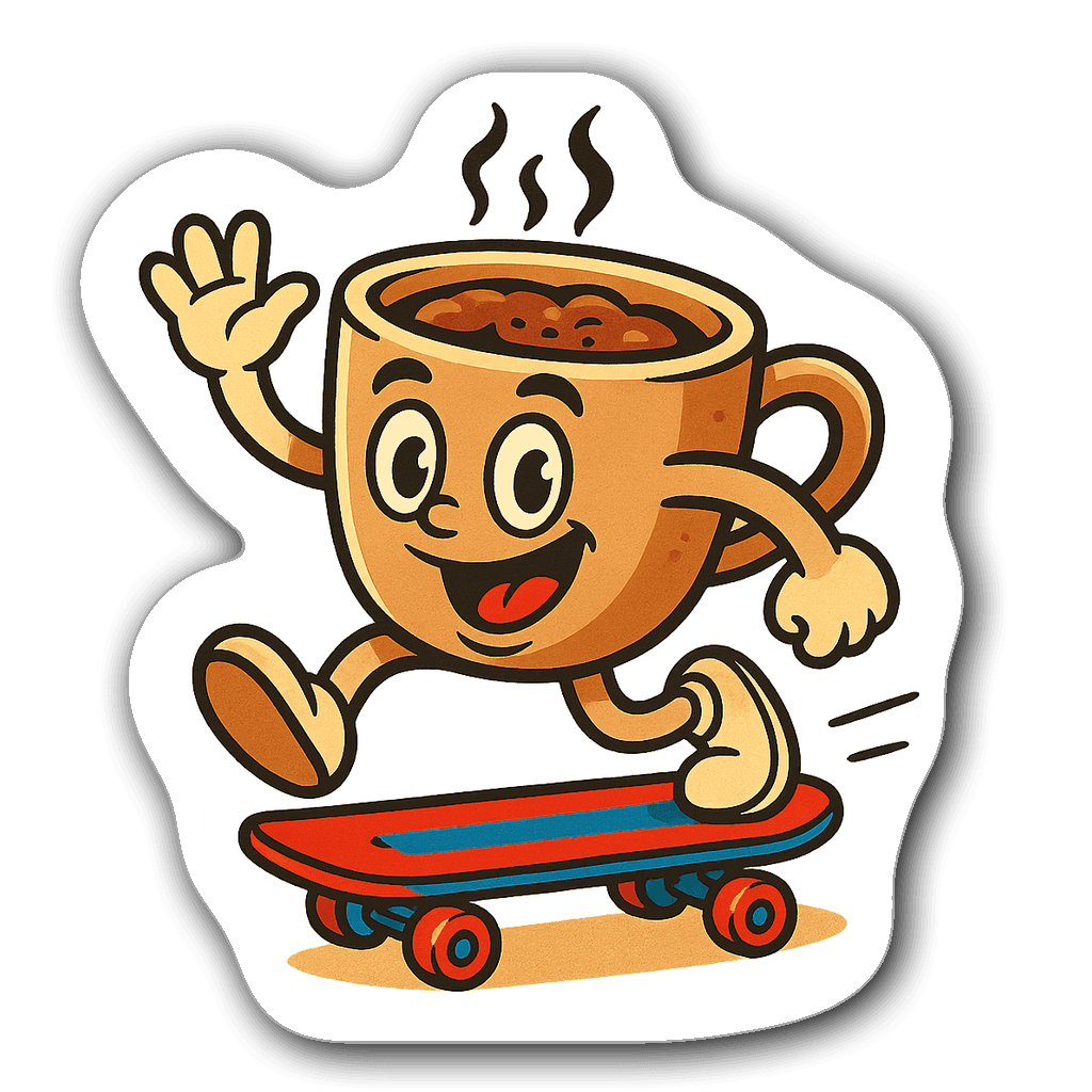 Cartoon coffee cup with face on a skateboard sticker