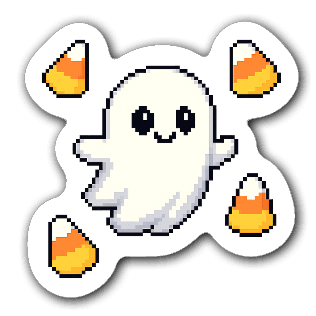 A cute pixel art ghost surrounded by candy corn in vibrant colors