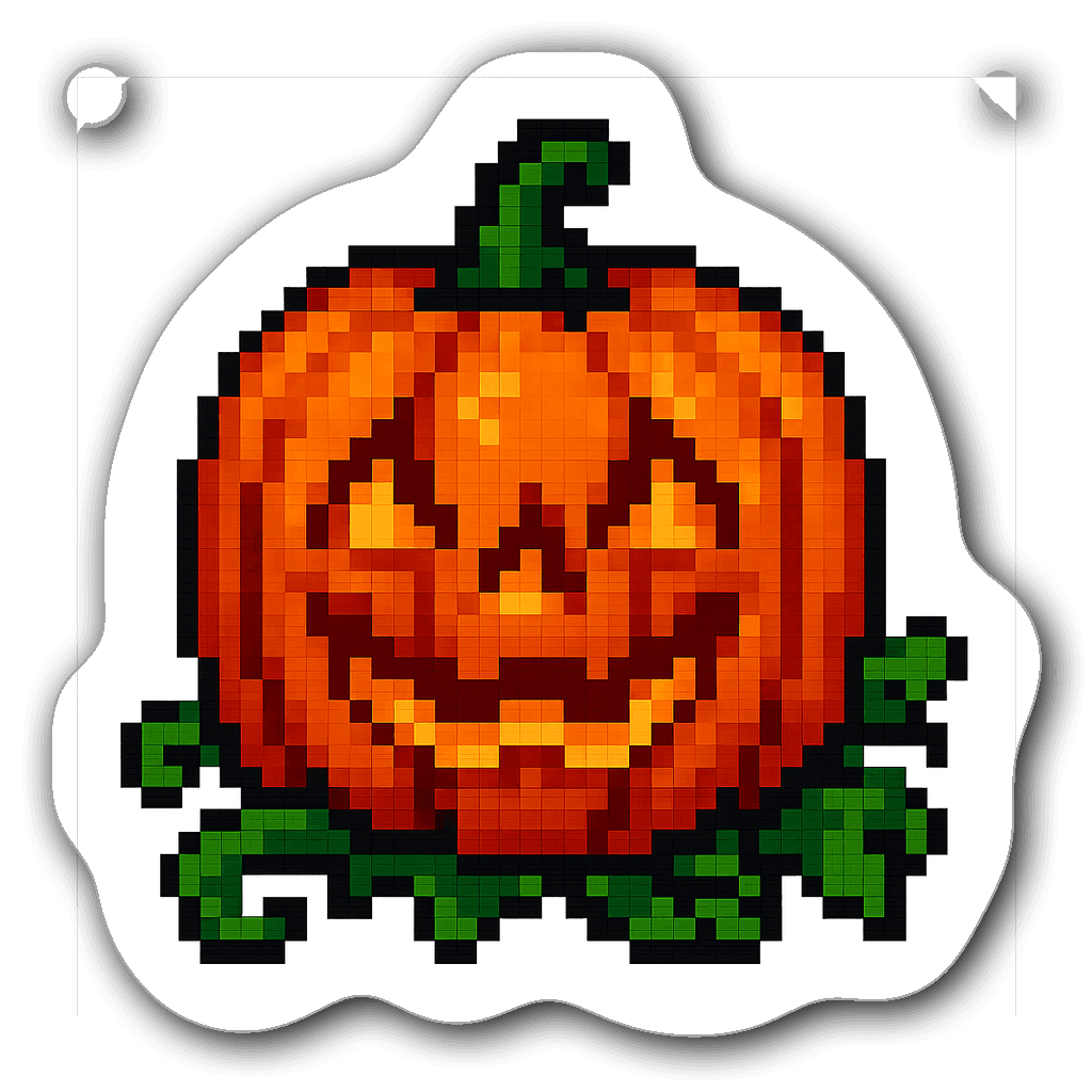 Pixel art pumpkin with a carved smile and green vines