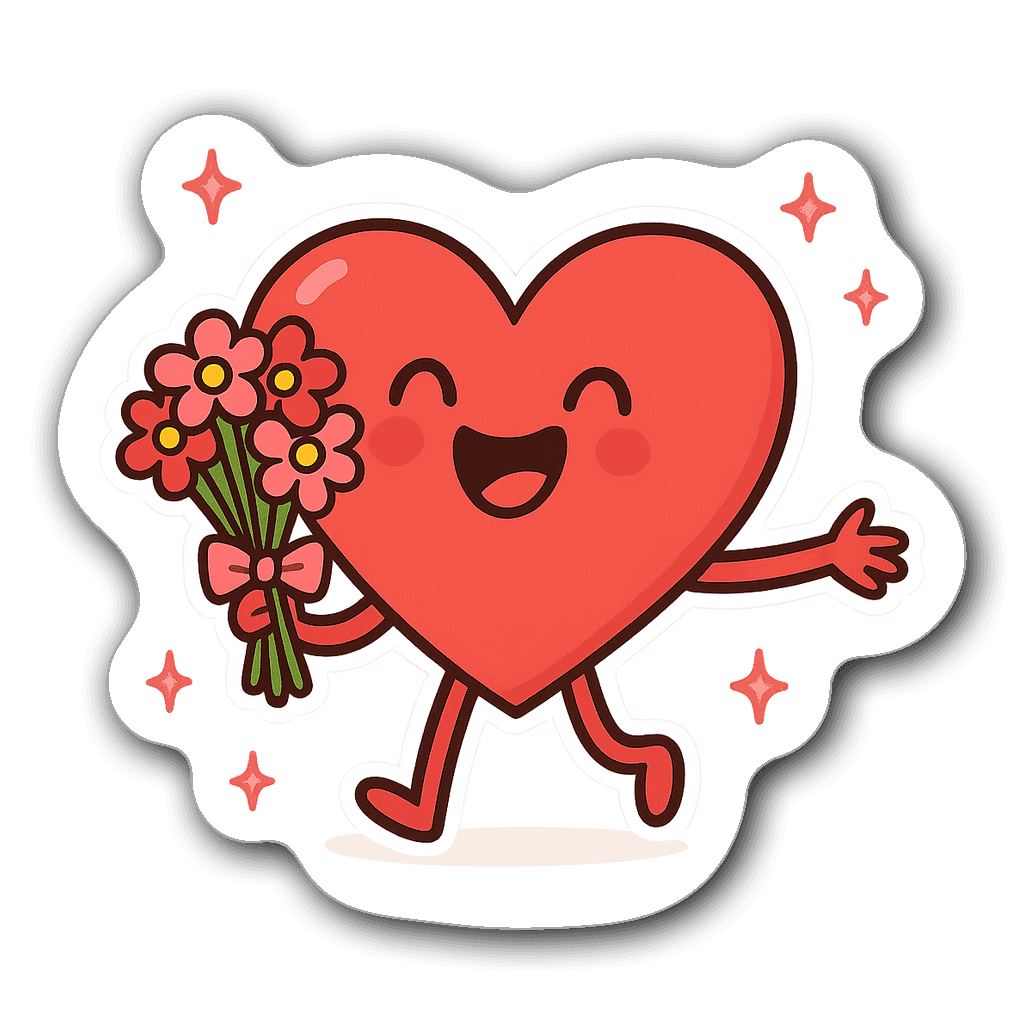 Cute cartoon heart character holding a bouquet of flowers