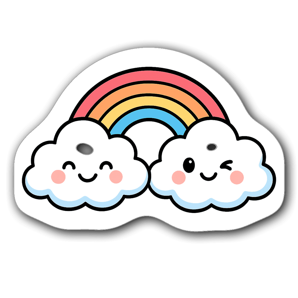 Adorable cartoon clouds connected by a rainbow bridge