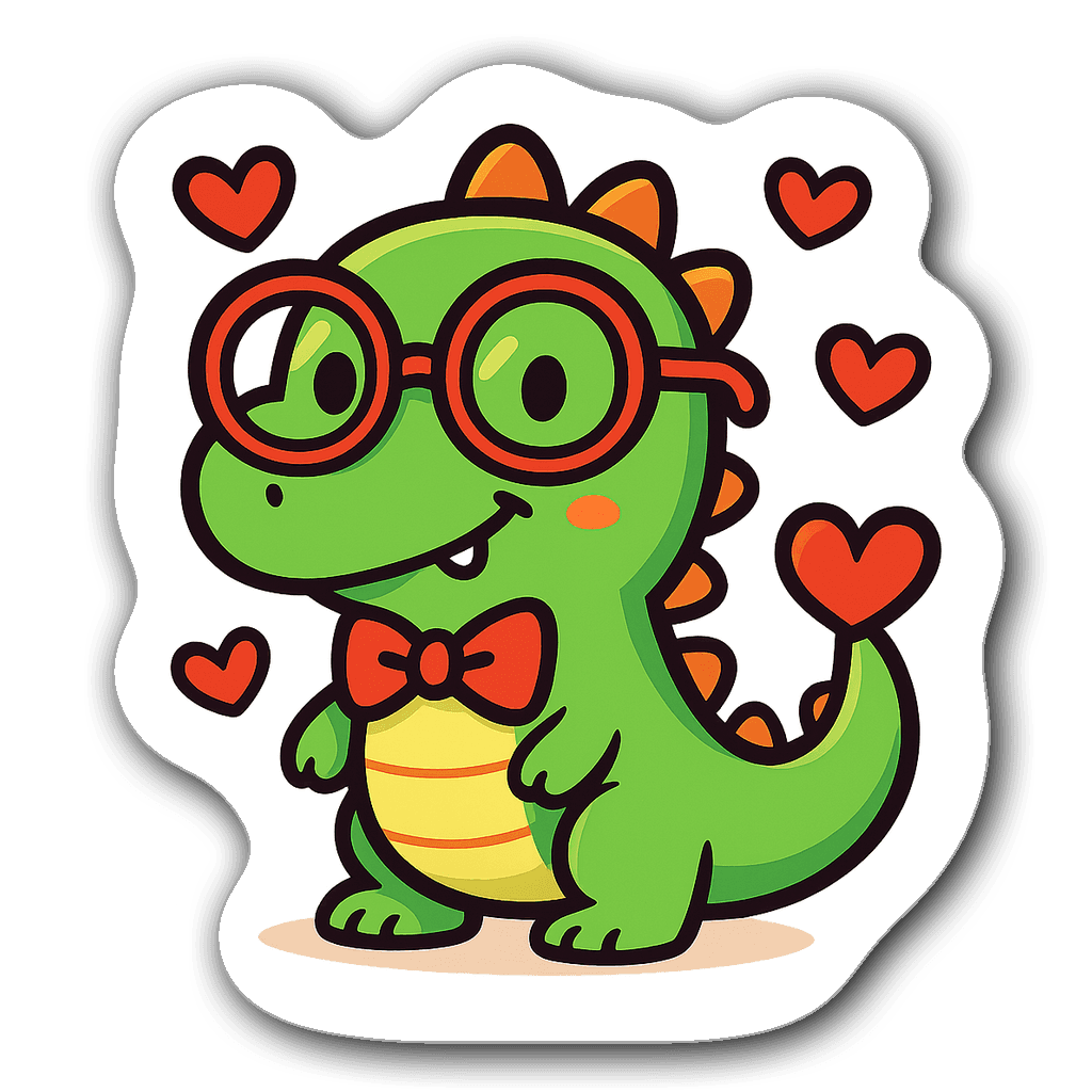 Playful cartoon dinosaur with heart-shaped tail and glasses