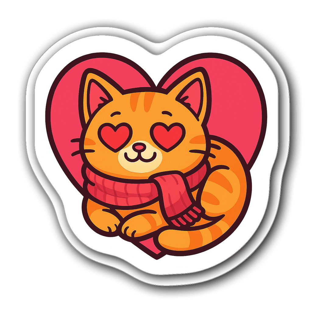 Cartoon cat with heart-shaped eyes inside a stylized heart