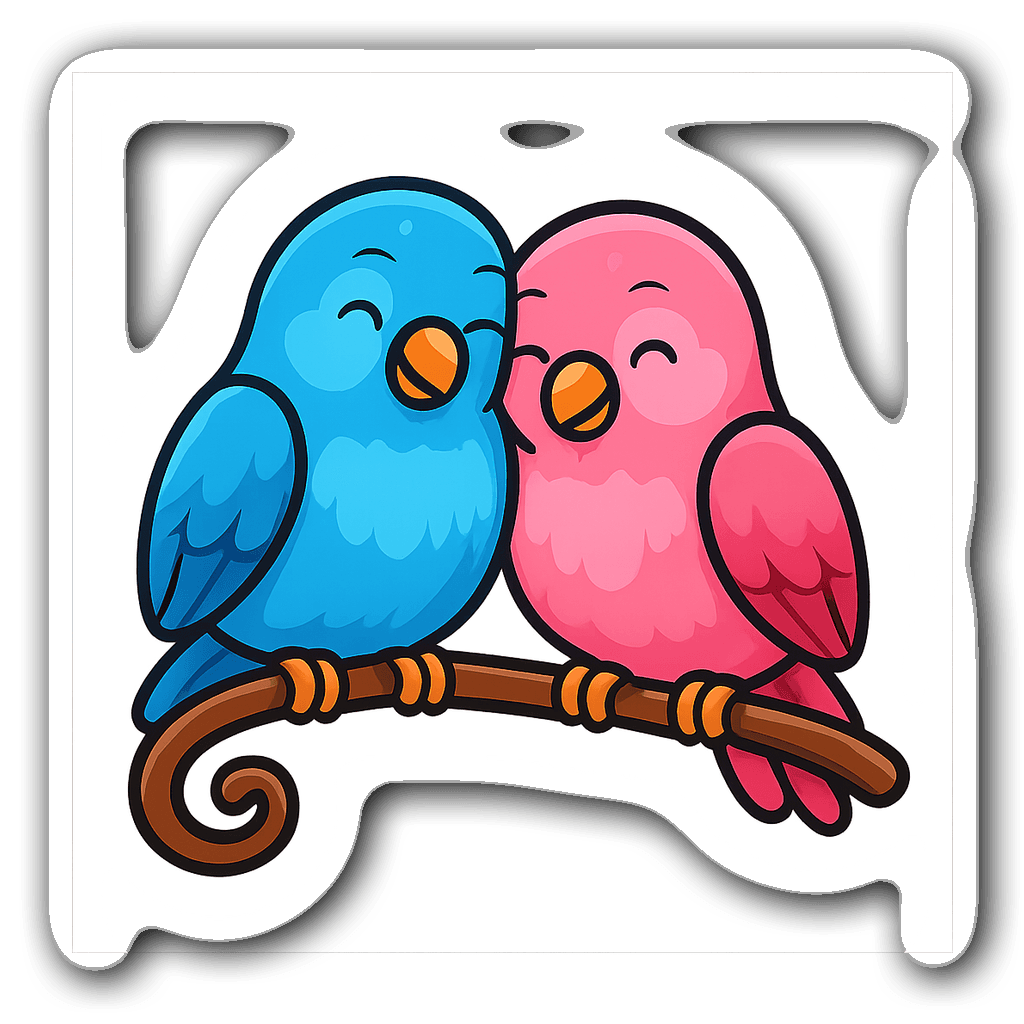 Cartoon lovebirds on a whimsical branch in bright colors