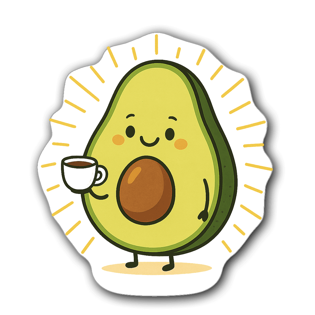 Cheerful avocado sticker with a smiling face and coffee cup