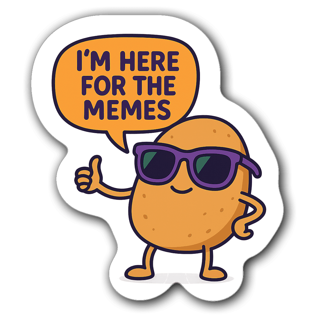 Cute potato character in sunglasses with 'I’m here for the memes'