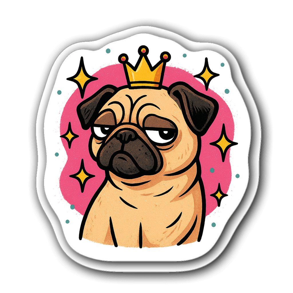 A sassy pug dog wearing a crown with a side-eye expression and sparkles.