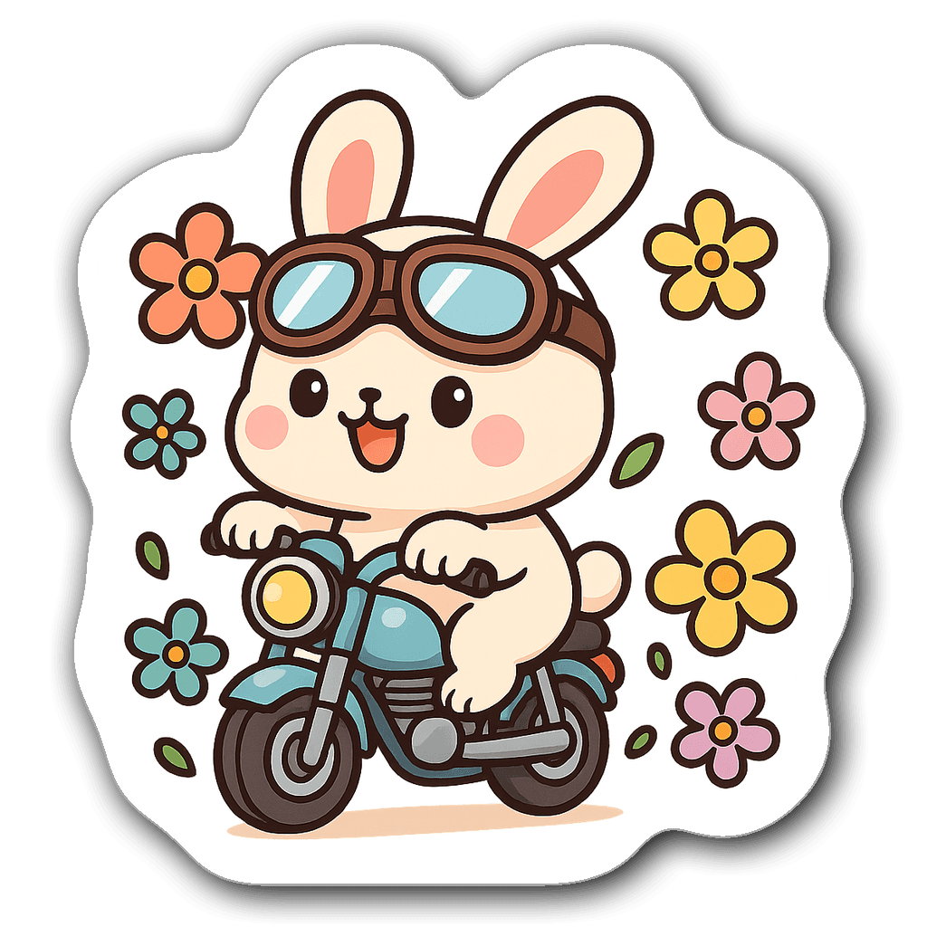 Cute chibi motorcycle bunny with flowers and vibrant colors