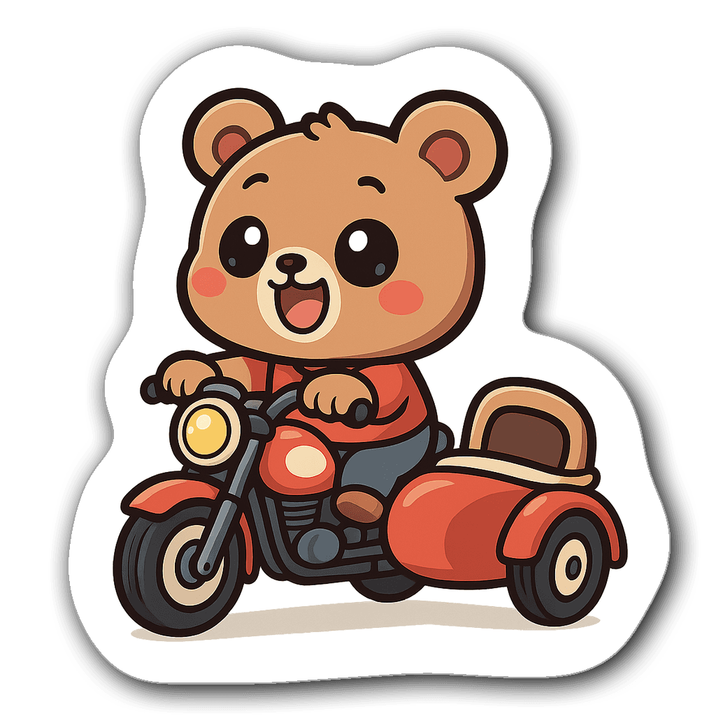 Kawaii chibi bear riding a retro motorcycle with a sidecar