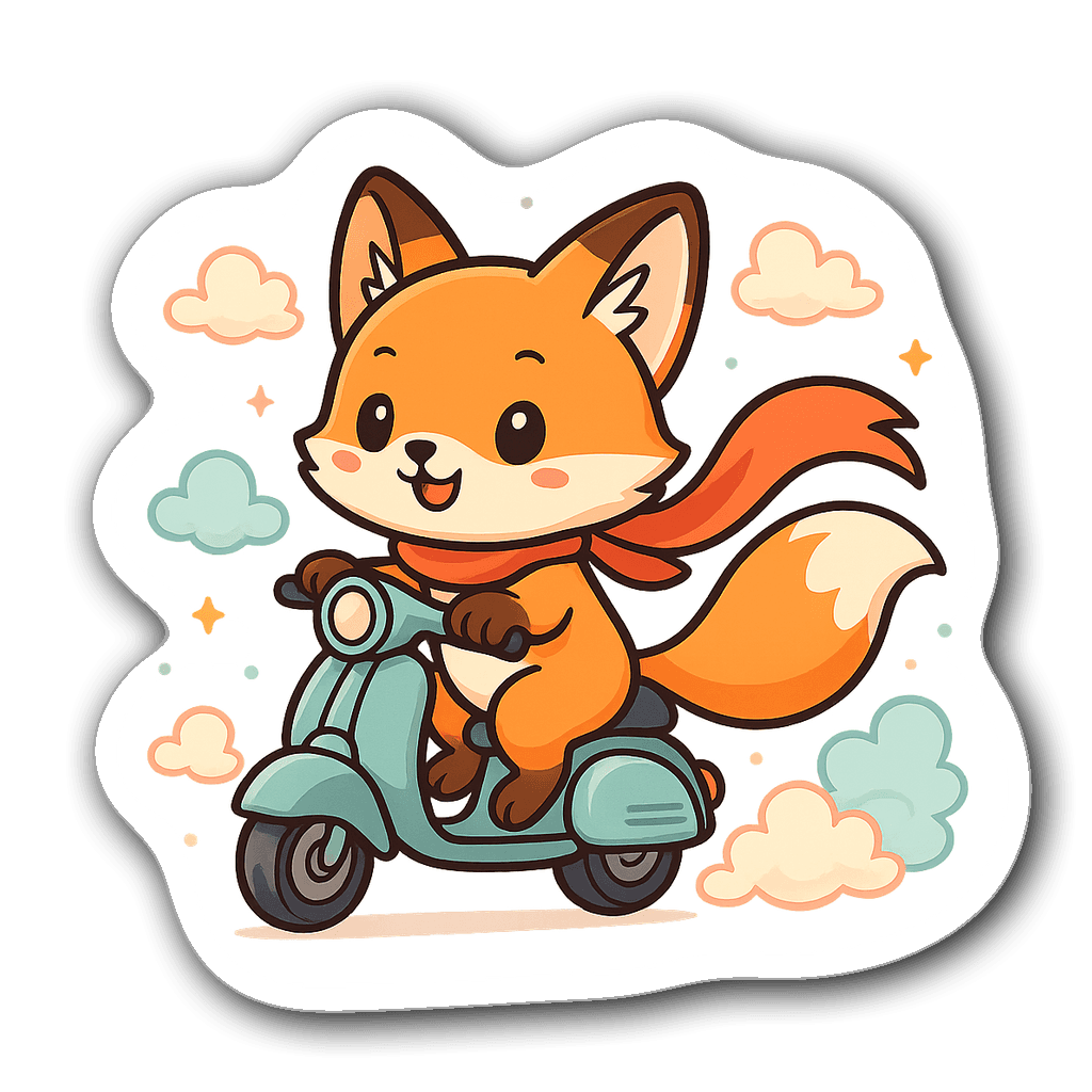 Kawaii chibi fox riding a scooter with pastel clouds