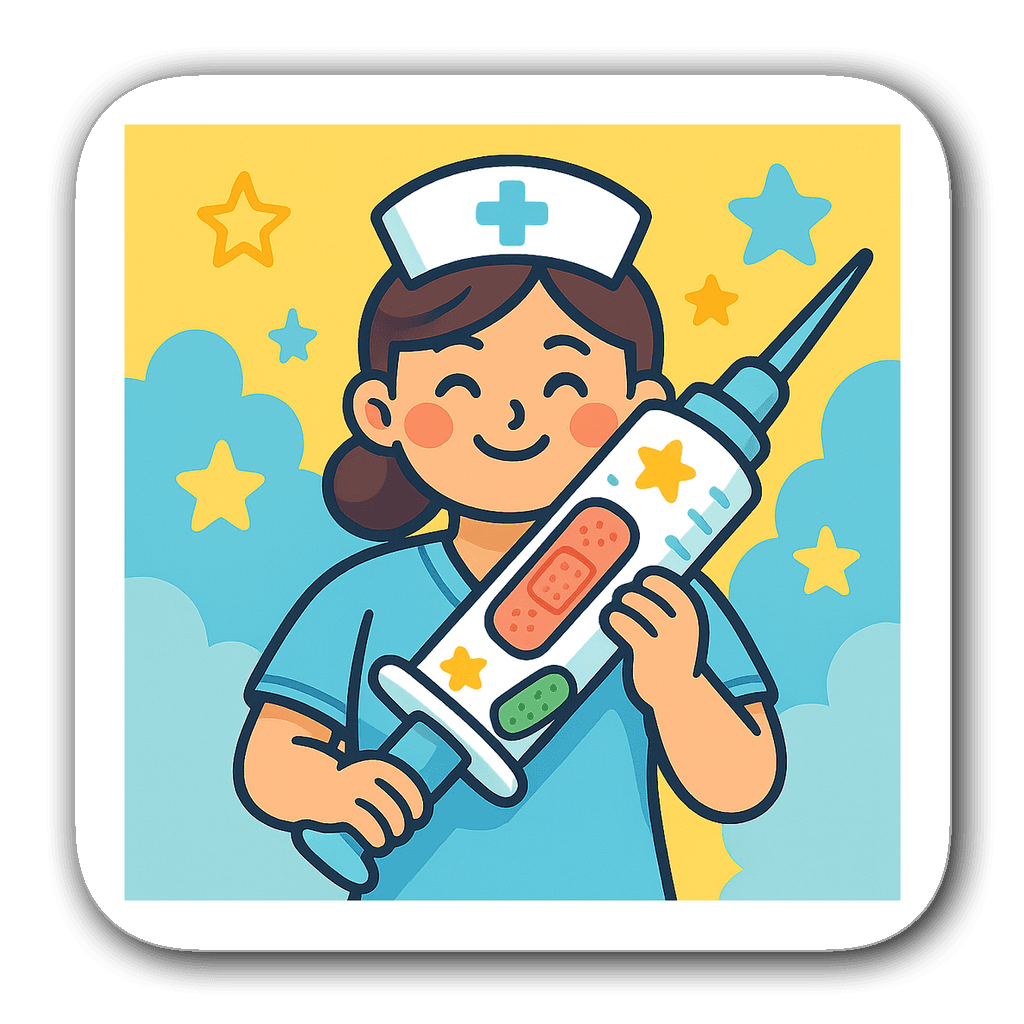 Cheerful nurse holding a syringe with colorful band-aids and stars