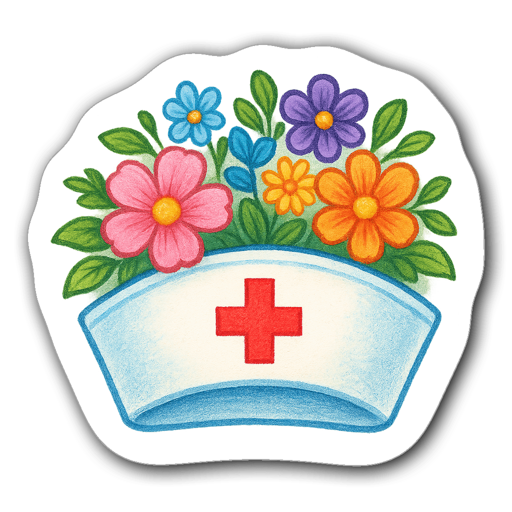 Nurse's cap adorned with colorful flowers in vibrant pastels