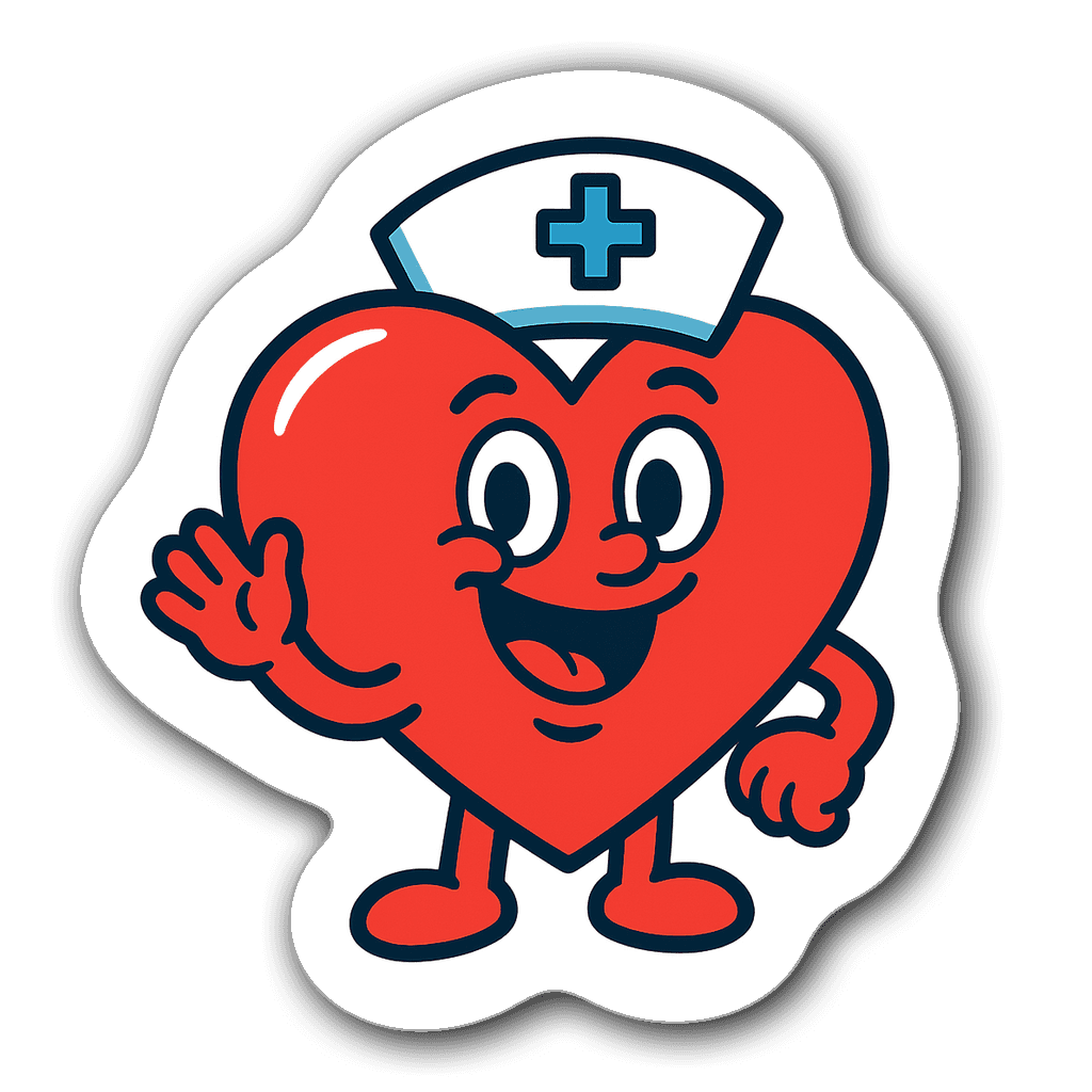 A cartoon heart character with a nurse's cap and bright colors