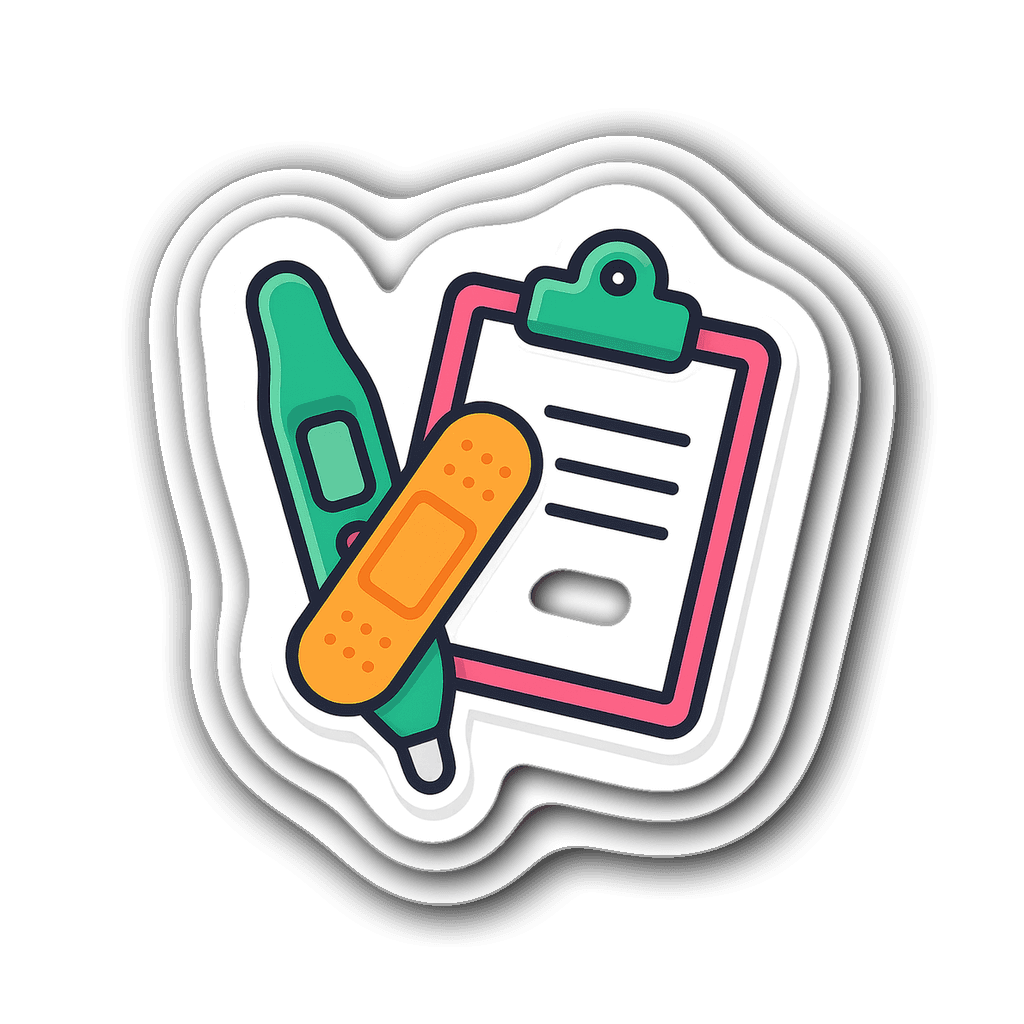 Die-cut sticker featuring a thermometer, bandage, and clipboard in bright colors.